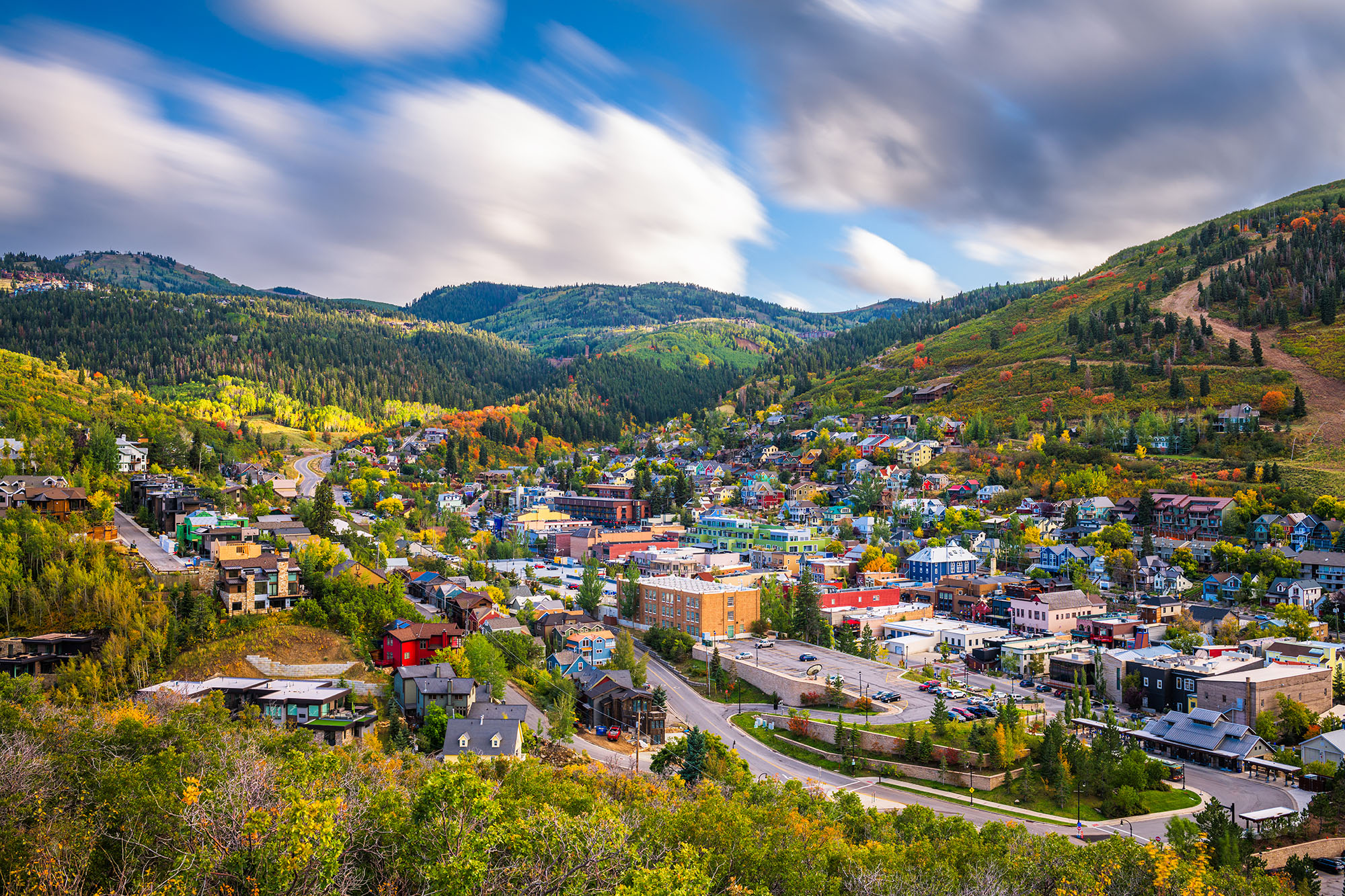 Park City, Utah, USA downtown in autumn at dusk.